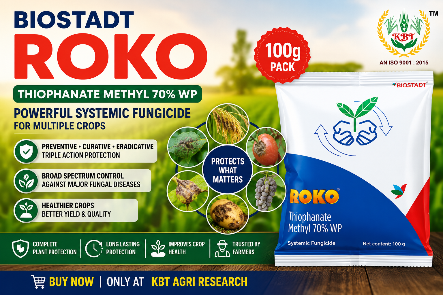 Biostadt Roko Fungicide (100g) | Thiophanate Methyl 70% WP – Complete Guide, Uses, Benefits & Dosage.